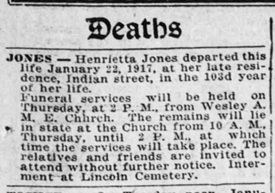 Published death notice for Henrietta Jones, January 1917.